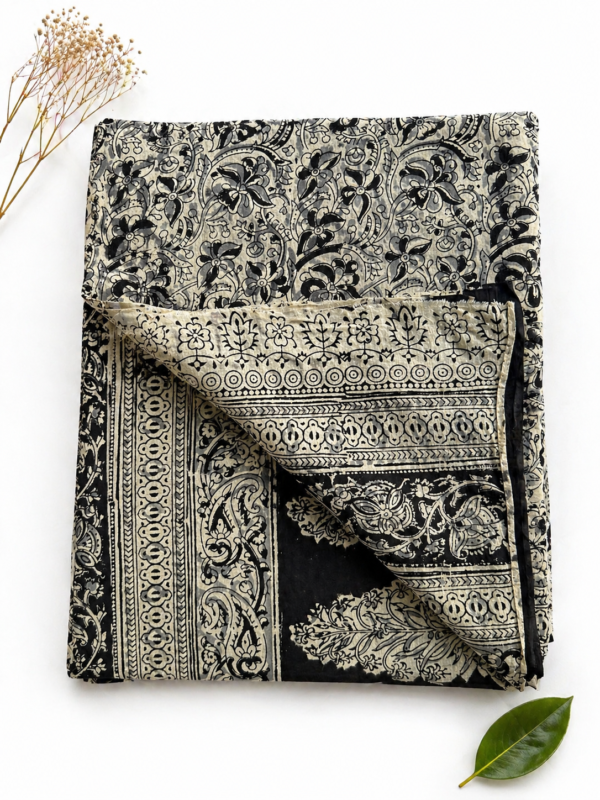 Kalamkari Pure Cotton Saree – Hand block printed Black flowers