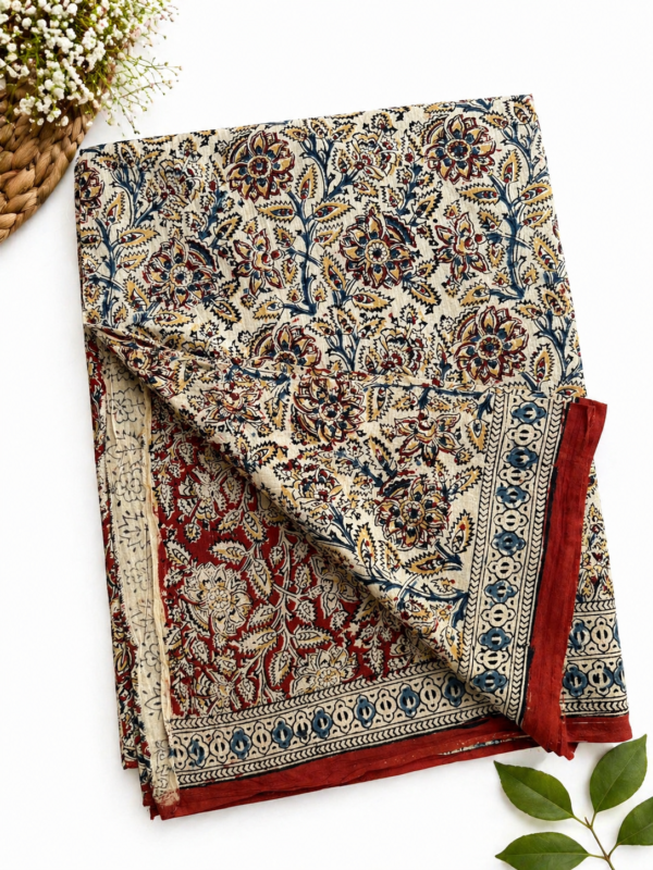 Kalamkari Pure Cotton Saree – Hand block printed Maroon