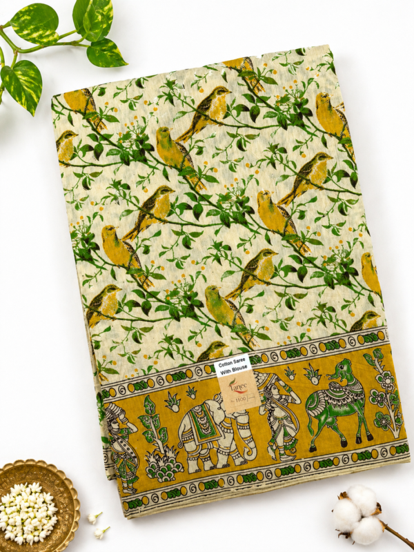 Kalamkari Pure Cotton Saree – Green Bird Print