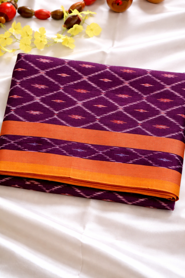 Elegant Handloom Ikkat Saree – Royal Purple & Sunset Orange (NO Blouse)
