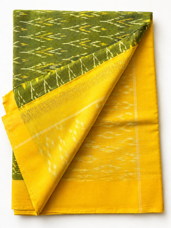 Green with Yellow border Ikkat Mercerised Cotton Saree(NO Blouse)