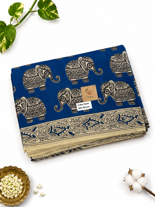 Kalamkari Pure Cotton Saree – Blue Base Elephants Print