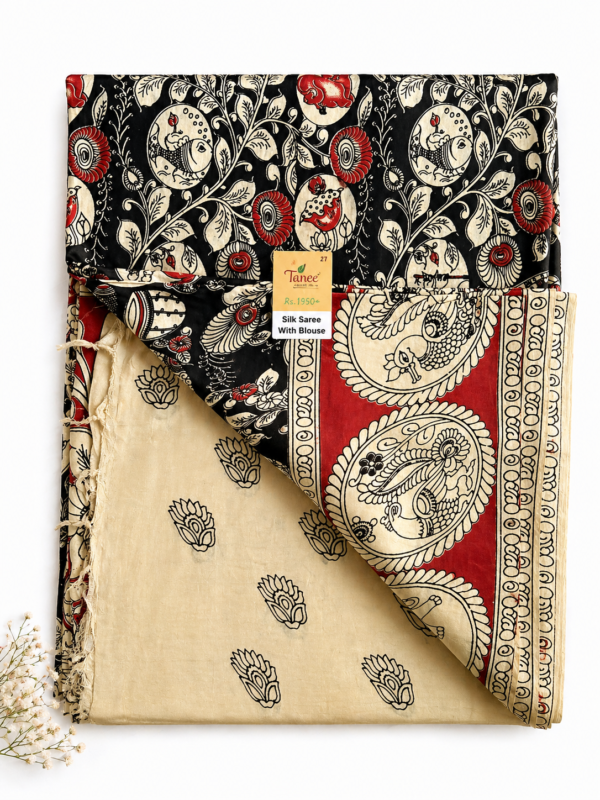 Kalamkari Silk Saree –Maroon Base Border Peacock & Elephants print