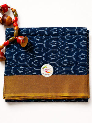 Handloom Ikkat Mercerised Cotton Saree – Navy Blue Body & Mustard Border (NO Blouse)