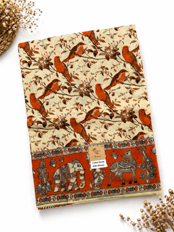 Kalamkari Pure Cotton Saree – Orange Bird Print