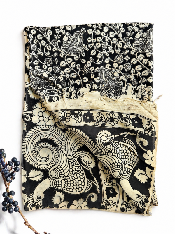 Kalamkari Silk Saree – Black Peacocks Border