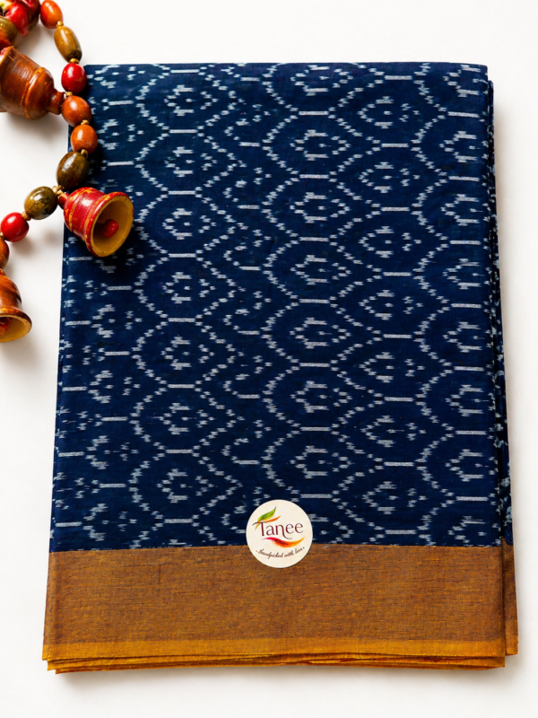 Handloom Ikkat Mercerised Cotton Saree – Navy Blue Body & Mustard Border (NO Blouse)