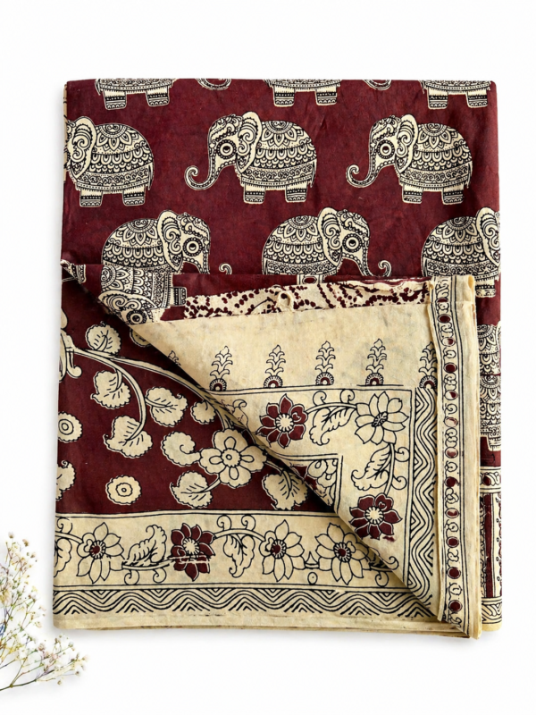 Kalamkari Silk Saree – Brown base Elephants print