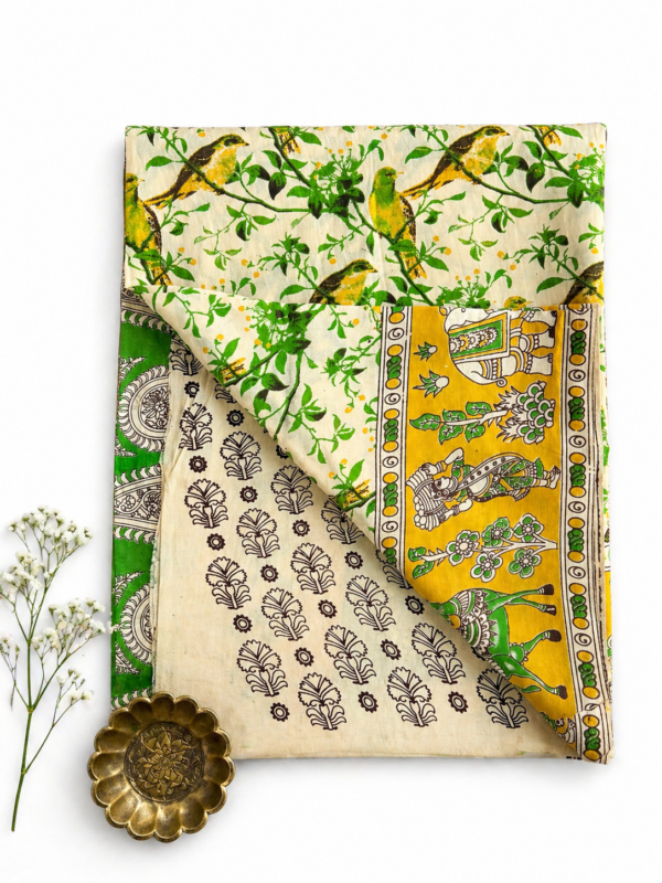 Kalamkari Silk Saree – Green Bird print