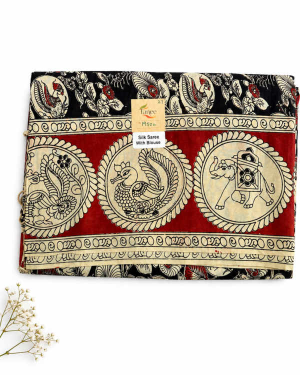 Kalamkari Silk Saree –Maroon Base Border Peacock & Elephants print