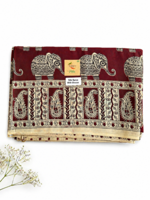 Kalamkari Silk Saree – Brown base Elephants print