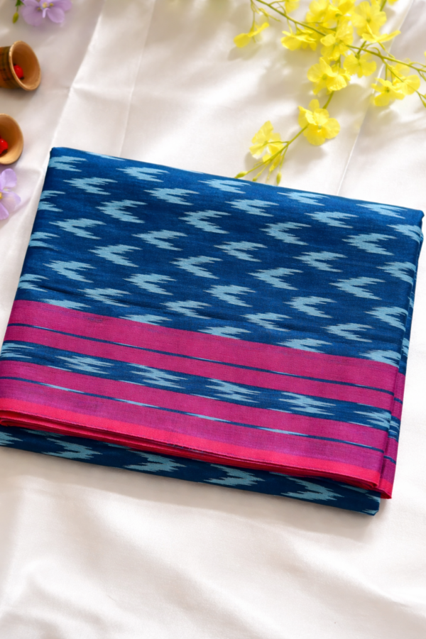 Deep Blue Ikkat Mercerised Cotton Saree with Pink Border (Without Blouse)