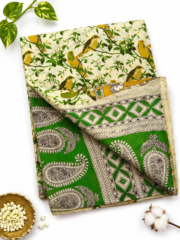 Kalamkari Pure Cotton Saree – Green Bird Print