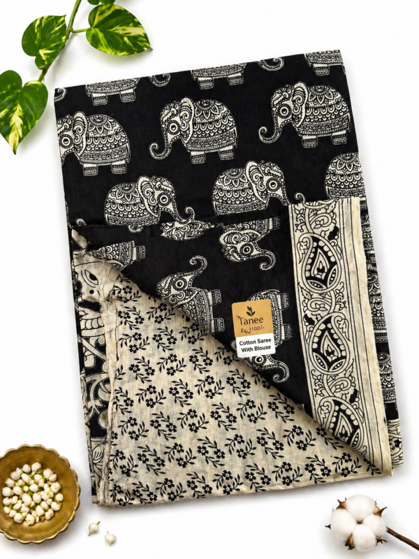 Kalamkari Pure Cotton Saree – Black base Elephants Print
