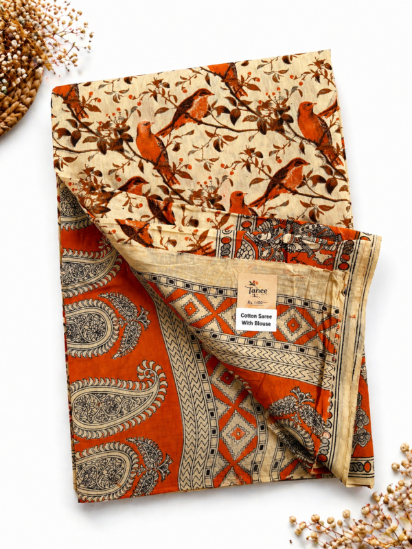 Kalamkari Pure Cotton Saree – Orange Bird Print