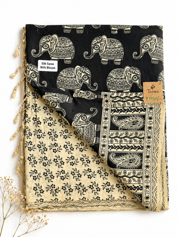 Kalamkari Silk Saree – Black base Elephants prints
