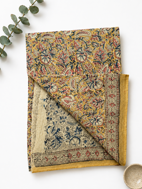 Kalamkari Pure Cotton Saree – Hand block printed Mustard Yellow