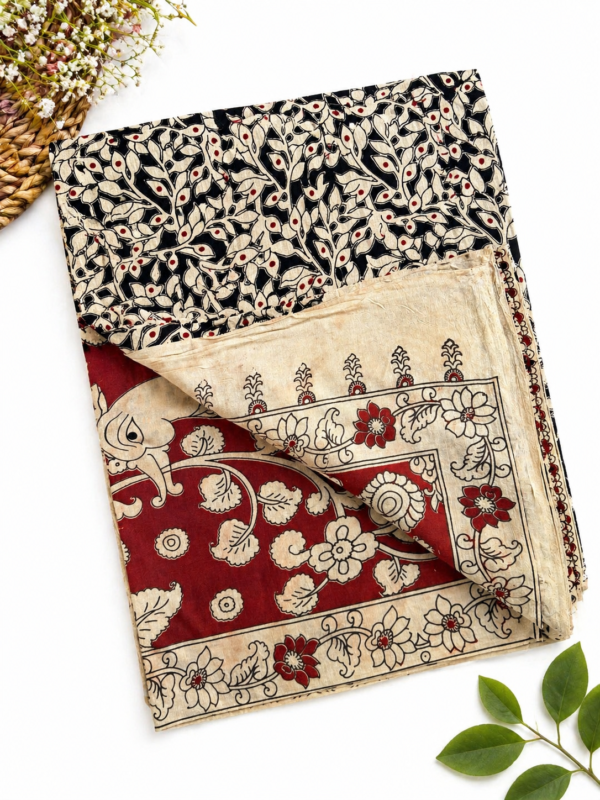 Kalamkari Pure Cotton Saree –  Black with Maroon border