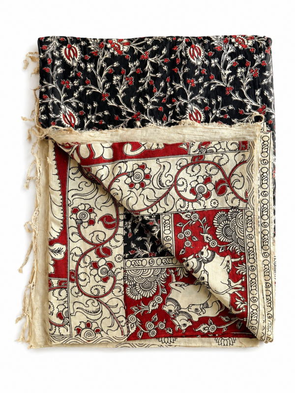 Kalamkari Silk Saree – Red base Cow Motifs