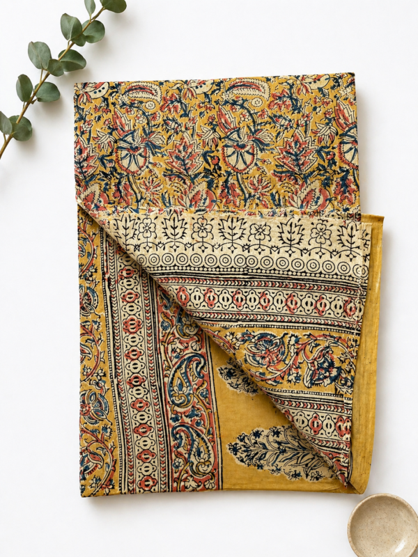 Kalamkari Pure Cotton Saree – Hand block printed Mustard Yellow