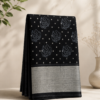Handloom Peacock Motifs Cotton Saree – Black with Silver Zari Border