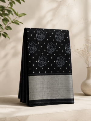fd83299d-1e20-4672-9cdf-07844bcd9b59 Handloom Peacock Motifs Cotton Saree – Black with Silver Zari Border