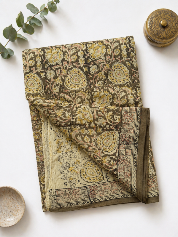 Kalamkari Pure Cotton Saree – Hand block printed light olive