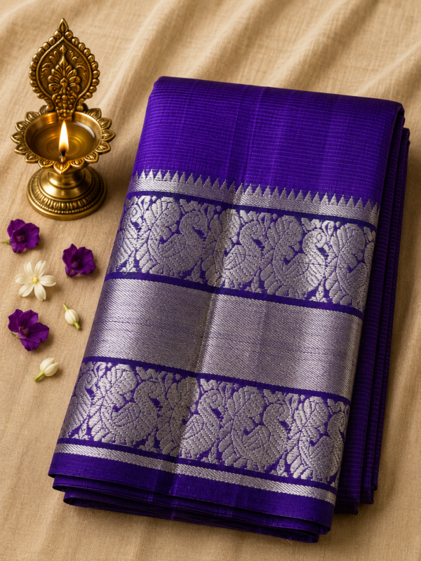 ab8c0b23-7351-4bea-947f-4cc37de92411 Royal purple Kanchi Border – Pure Mangalagiri Silk Saree