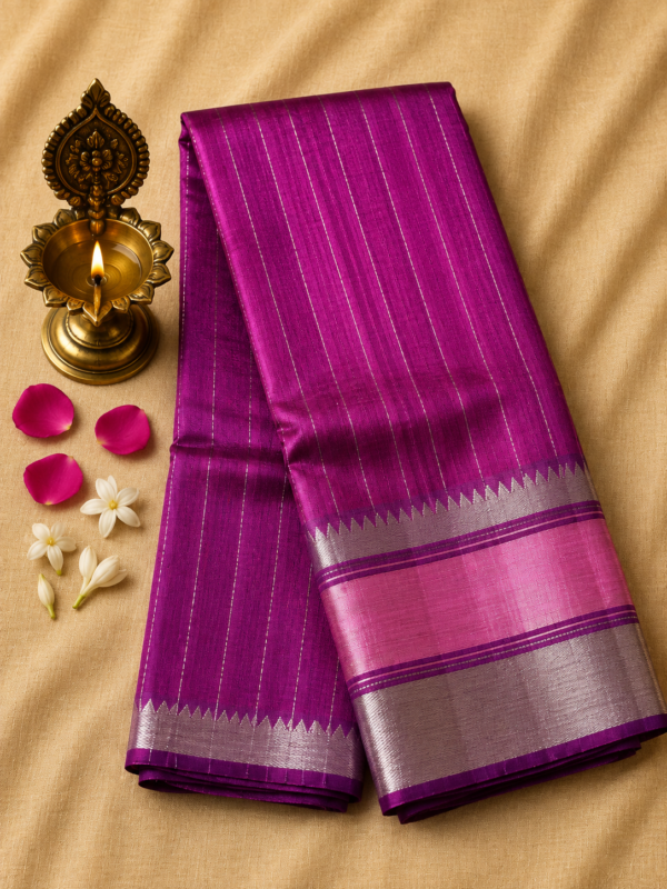 Rani Pink Temple Stripe – Pure Mangalagiri Silk Saree