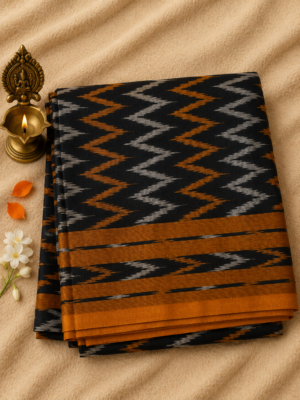ed475091-3b79-443e-9d27-5ffbbd7fd1f6 Black with Grey & Mustard colour Gap Border Ikkat Saree – Lightweight Handloom Cotton (Without Blouse)