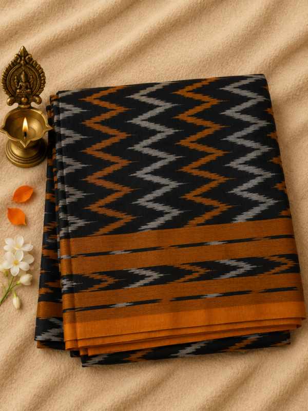 ed475091-3b79-443e-9d27-5ffbbd7fd1f6 Black with Grey & Mustard colour Gap Border Ikkat Saree – Lightweight Handloom Cotton (Without Blouse)