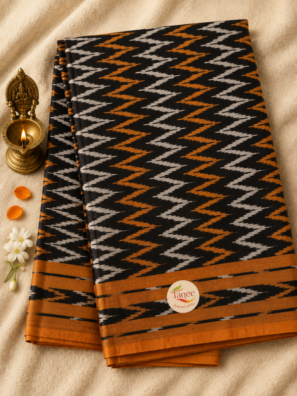 f8e60e56-c1d8-434e-85e1-e6abe4b48148 Black with Grey & Mustard colour Gap Border Ikkat Saree – Lightweight Handloom Cotton (Without Blouse)