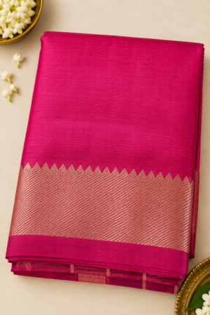 0f4c9895-154e-4755-9e8d-c3508dab4952 Handloom Mangalagiri Silk Cotton Saree – Rani Pink Temple plain Border
