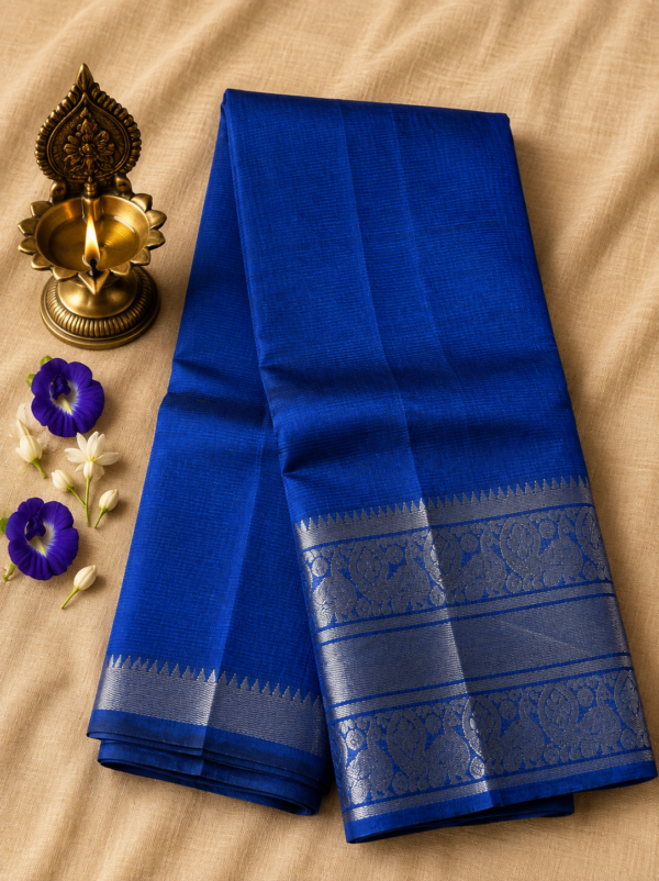 Royal Blue Kanchi Border – Pure Mangalagiri Silk Saree