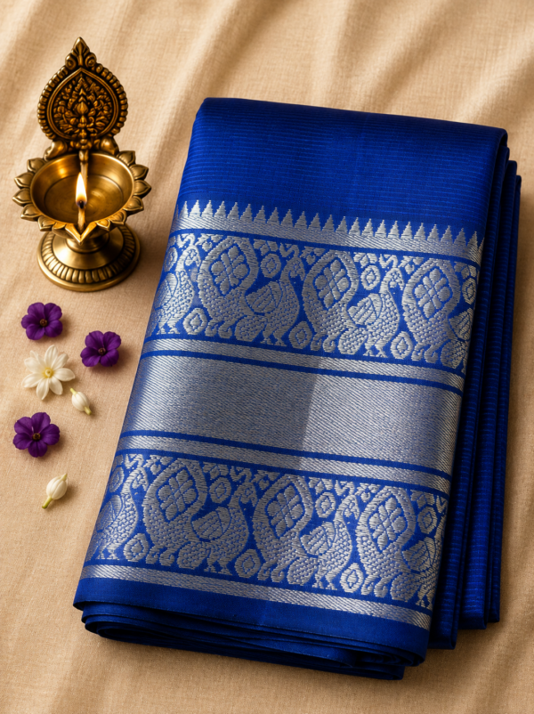 Royal Blue Kanchi Border – Pure Mangalagiri Silk Saree